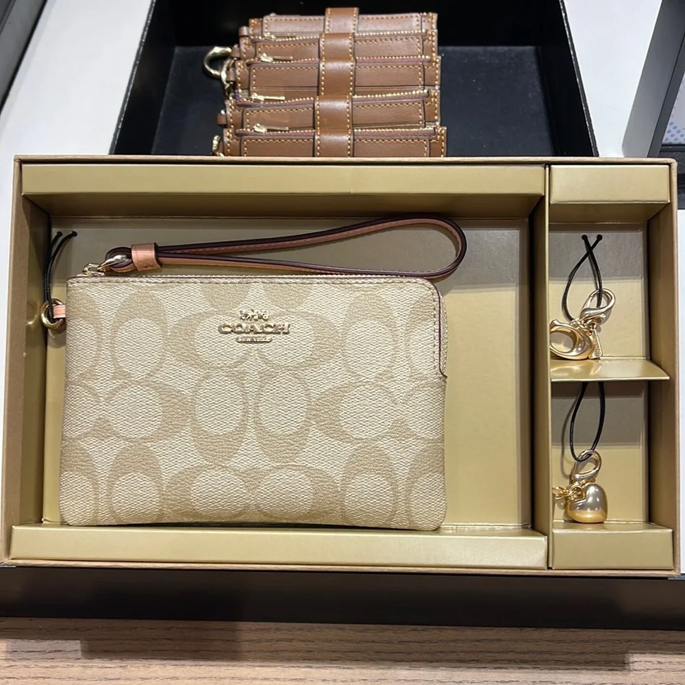 Coach Boxed Corner Zip Wristlet In Signature Canvas Gold/Light Khaki/Faded Blush